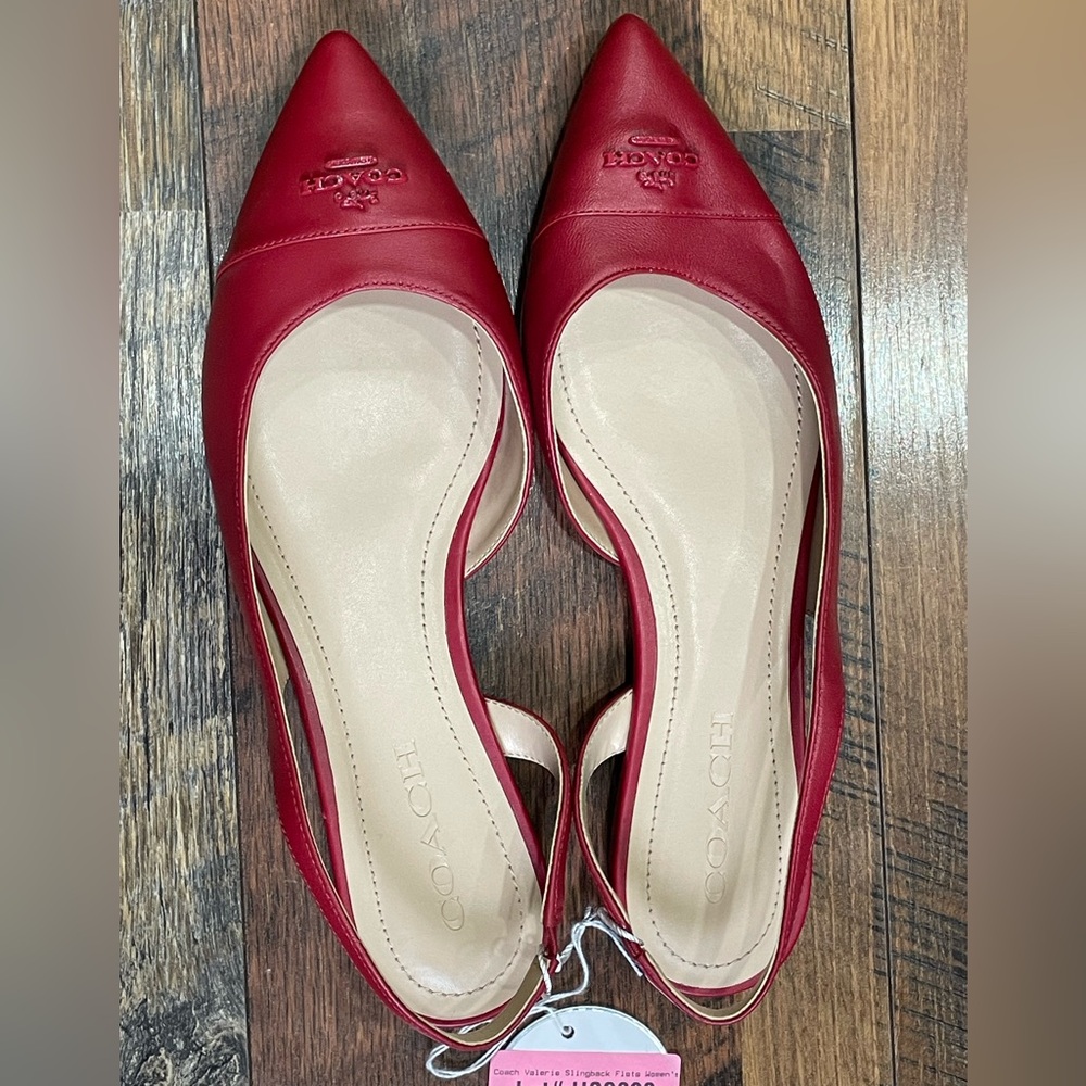 Coach Valerie Slingback Flats Women’s Sz 8.5 Red Leather Logo Pointed Toe Party - Picture 3 of 9